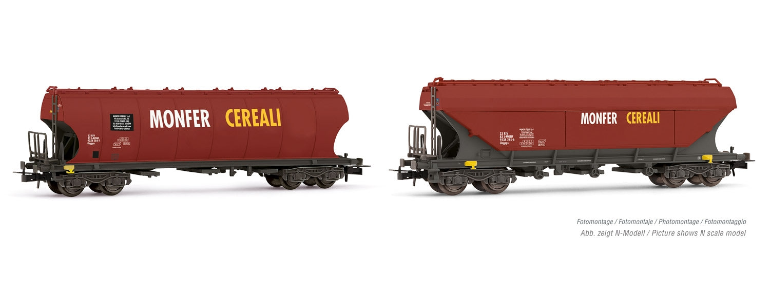 Rivarossi HO HR6475 FS  2-unit pack 4-axle Uagpps wagon 'MONFER CEREALI' bordeaux livery  rounded + flat walls  period VI